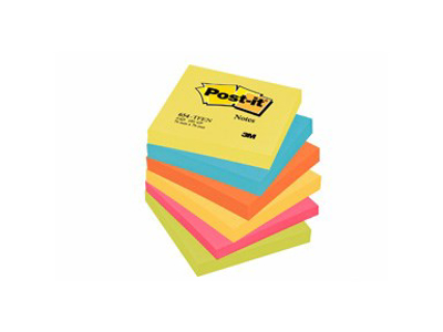 BLOK POST-IT 76 X 76 MM. 654 ASS. FARVER, 6 STK. GUL PINK ORANGE 