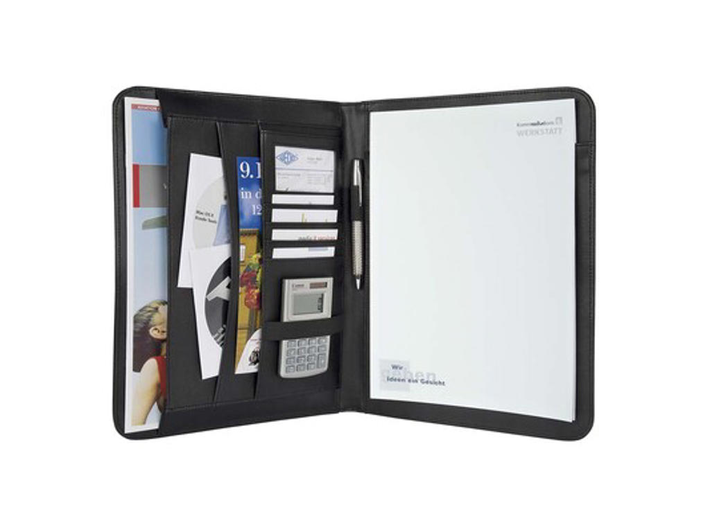 SKRIVEMAPPE A4 LÆDERLOOK OG NYLON, HOLDER TIL LOMMEREGNER OG PEN