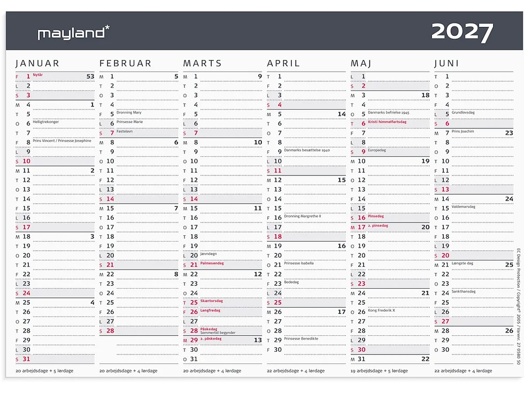 KALENDER MAYLAND 2027 27058050 KONTORKALENDER MODERNE A5 14,5X21CM