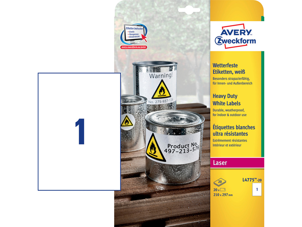 LASERETIKET AVERY VANDFAST HVID 210X297MM 20ARK/PK L4775-20 