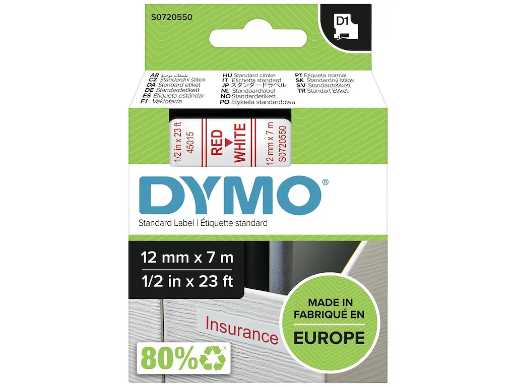 PRÆGETAPE DYMO D1 TAPE 12 MMX7M RØD/HVID S0720550 45015 ***